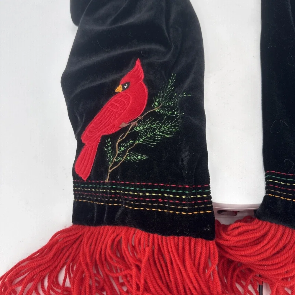Black Velvet Embroidered Scarf W/ Cardinal Bird & Pond Branch &‎ Red Fringe